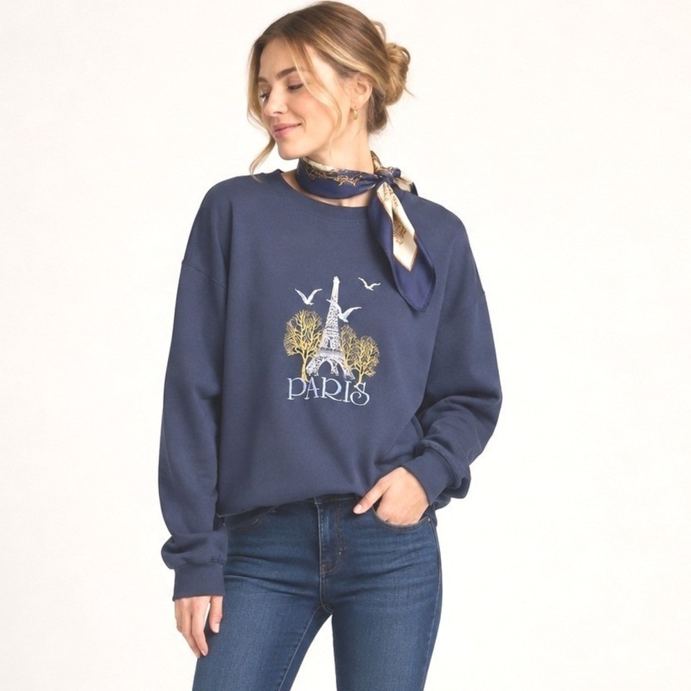 France Estelle Women Paris Eiffel Tower Sweatshirt XL Navy Blue Vintage Graphic